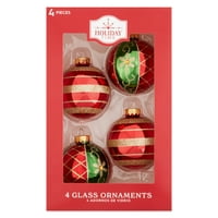 Празнично време Коледа червено с блясък стъклена топка висящи украшение, 4-парче кутия