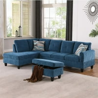 Дневна с ъглов диван с ляво изложение, табуретка за съхранение, фланел, синьо